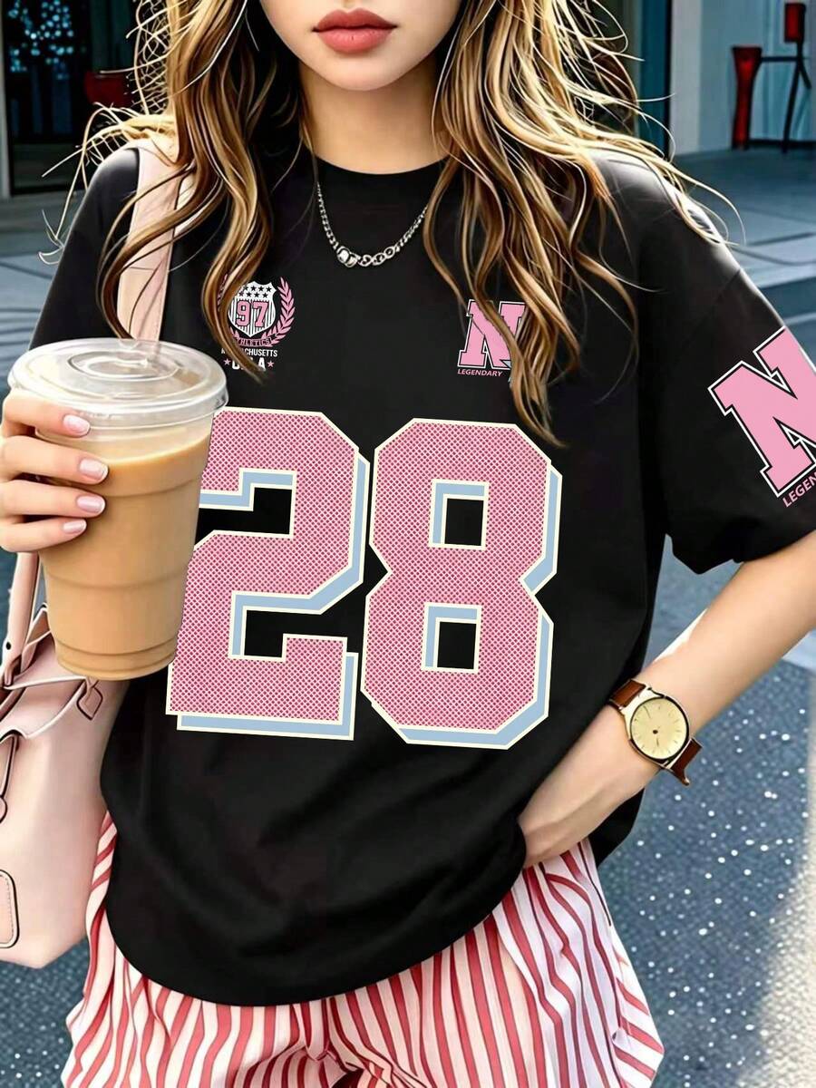 女款休閒28號印花短袖T恤,寬鬆顯瘦黑色上衣,學生日常運動百搭內搭夏季款 - 黑色 - 查看 1
