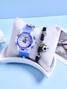 2pcs Boys Gift Set Silicone Strap Soccer Sports Watch Creative Design LED Luminous Student Quartz Wristwatch Adjustable Braided Rope Soccer Bracelet - Blue - View 10