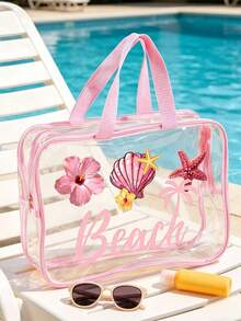 「Beach」字母印花 PVC 防水海灘包（附貝殼與海星）| 透明 PVC 托特包 | 洗漱包 | 化妝包 | 手提包 | 旅行必備 | 適合夏季海灘度假與休閒假期 | 便攜旅行化妝包 | 收納包 | 適用於度假、浴室、海灘、游泳與旅行場景 | 生日禮物、節日禮物、派對禮物、返校季與假期必備 - 彩色 - 查看 3