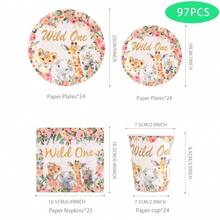 97PCS Wild One Safari Animal Tableware Set, Floral Jungle Theme Party Supplies, Disposable Plates Cups Napkins Kit For Kids Celebration, Family Event, Outdoor Gathering - A - Übersicht 6