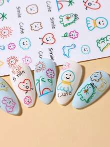 2pcs Cartoon Dinosaur Graffiti Style Nail Art Stickers, Cute Sun Face Stickers, Maple Leaf Nail Design Decoration DIY - Multicolor - View 2