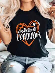 Applique - Polyester Fabric, Regular Length, Alphabet Pattern, /M² - Basketball Grandma Heart Graphic T-Shirt Spring/Summer. Suitable For Spring, Summer And Autumn. Gift Idea. - Black - View 1