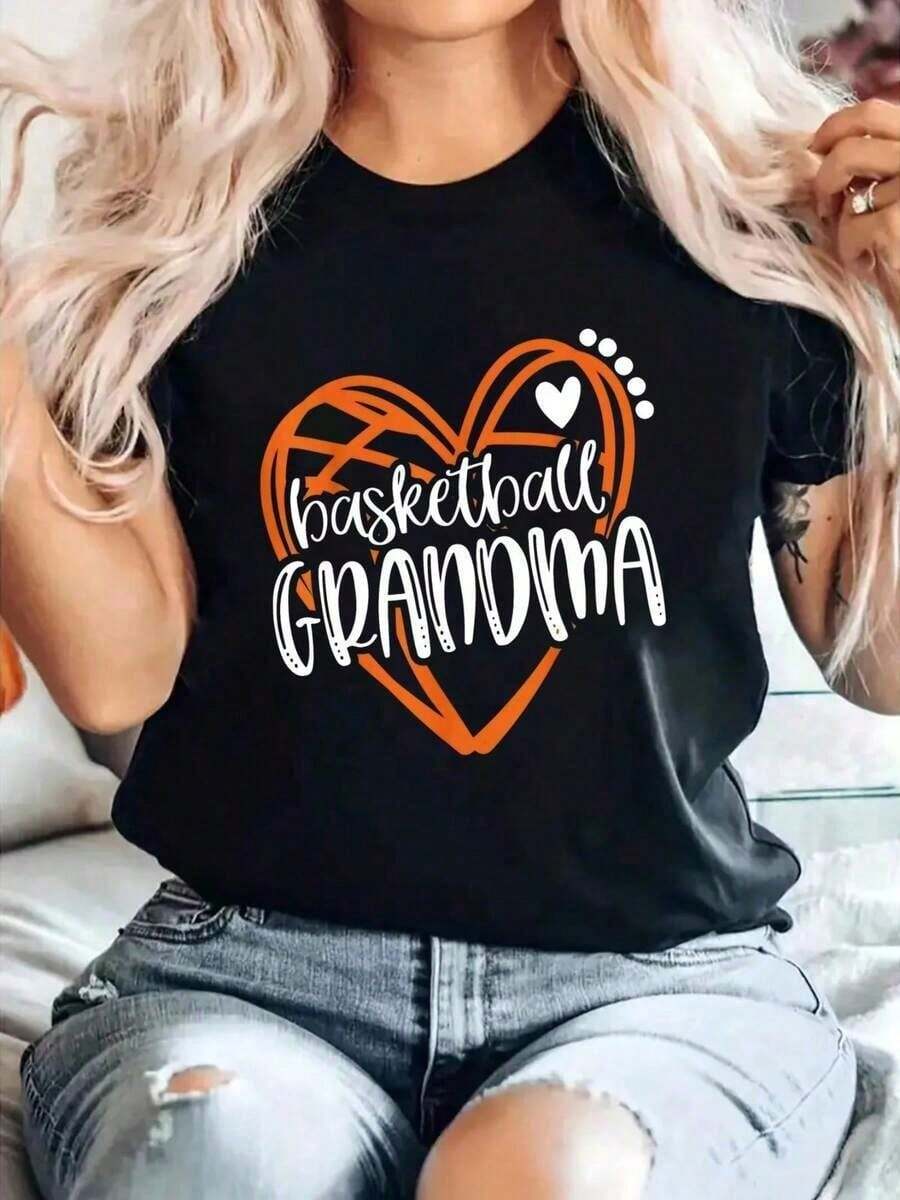 Applique - Polyester Fabric, Regular Length, Alphabet Pattern, /M² - Basketball Grandma Heart Graphic T-Shirt Spring/Summer. Suitable For Spring, Summer And Autumn. Gift Idea. - Black - View 1