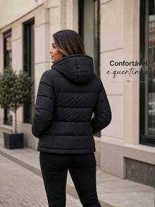 Jaqueta Puffer Feminina Casual Inverno Grossa Confortável Com Touca Integrada - Preto - Visão 2