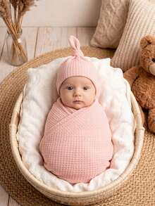 Baby Photography Props, Essential For Baby's Full Month Photos[INS Hot Style]Newborn 4-Color Waffle Wrap + Knot Hat 2 Pieces Set, Simple Versatile Newborn Photography Outfit, Baby Birthday Party, Baby 100 Days Commemorative Photos - Multicolor - View 1