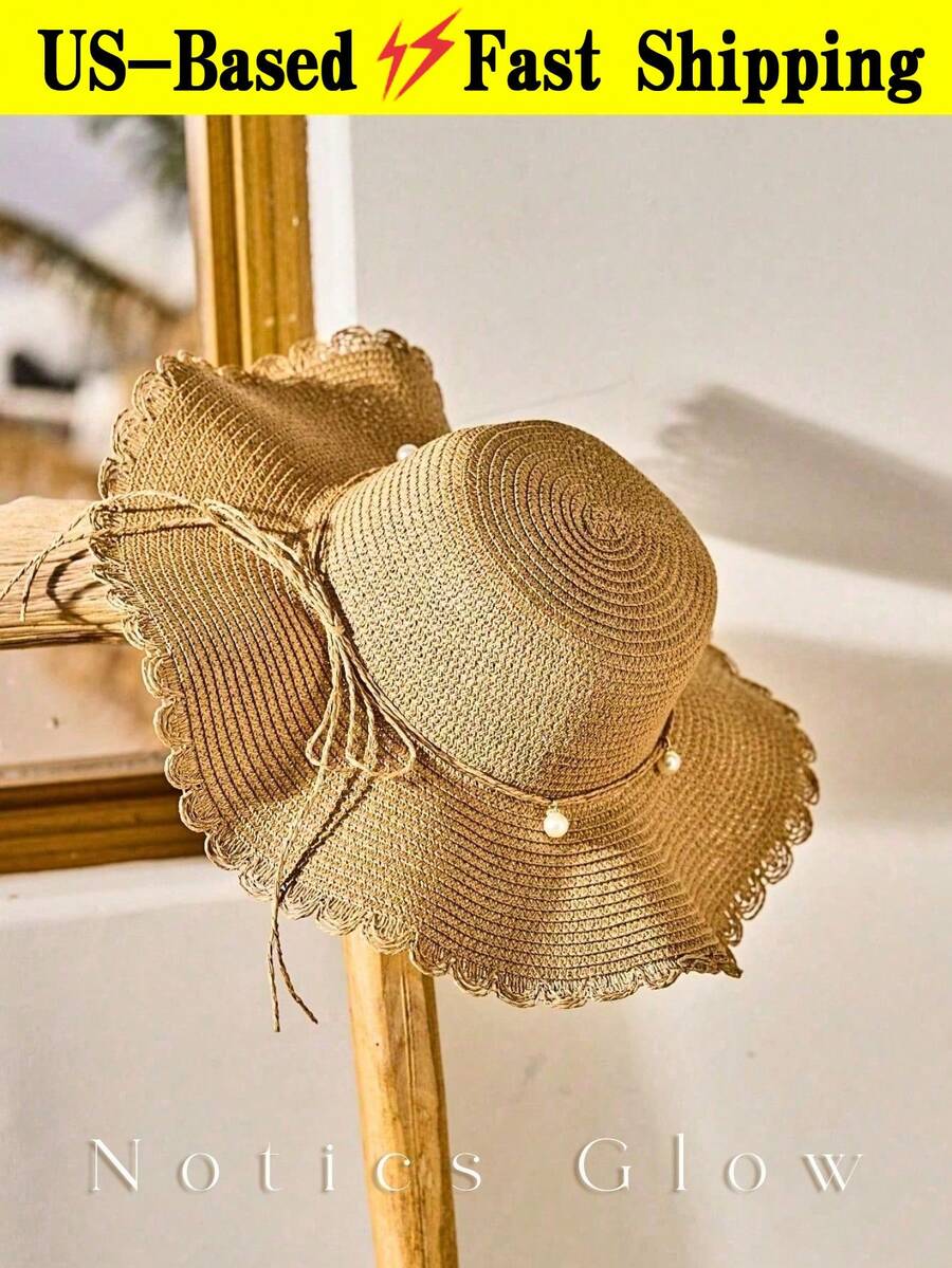 Summer Women's Khaki/Beige Bohemian Beach Hat Woven Straw Wide-Brimmed Sun Hat Pearl Decor Women's Vintage Hats Beach Accessories & Tropical Vacation - A - 查看 1