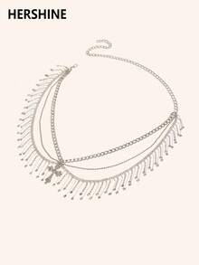 Hershine 1pc Zinc Alloy Silver Rhinestone Tassel Chain Multi-Layer Waist Chain Fashionable Gorgeous Elegant Women's Dress Waist Chain Accessory - M333 Silver Rhinestone Tassel Multi-layer Waist Chain - View 5