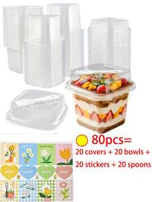 200 Peças Caixas Transparentes Quadradas para Bolo, Pudim e Sobremesa com Tampas, Colheres e Adesivos Decorativos, Caixas Multifuncionais para Mousse de Bolo Adequadas para Frutas, Sorvete, Iogurte, Natal, Halloween, Festas de Aniversário - Visão 17