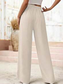 Women's Linen Palazzo Pants, Adjustable Waist With Drawstring, Side Pockets, Casual And Breathable For Vacations - 杏色 - 查看 3