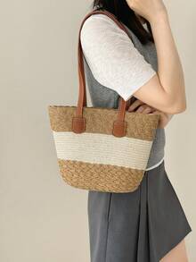 New Fashion Casual Beach Straw Woven Large Capacity Commuter Premium Texture Woven Shoulder Tote Bag, Pendant For Reference Only - Khaki - View 7