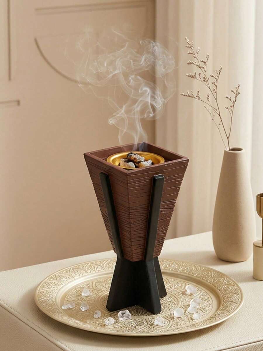 1組/件木紋方型高邊香爐，仿木與金屬材質拼接，復古工業風，仿木紋紋理，方錐形主體配黑色三角底座，防燙耐熱易清潔，中東香氛爐，居家裝飾，嬰兒洗禮派對伴手禮