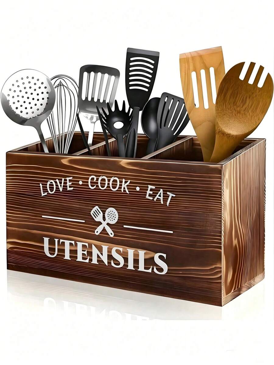 1 Brown Utensil Holder, Kitchen Utensil Rack, Storage Rack With 3 Compartments, Ideal For Sorting And Storing Knives, Forks, Spoons, Spatulas Wall-Mounted Kitchen Organizer, Multi-Section Sortingkitchen Essentialskitchen Must-Haves