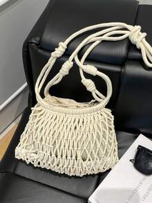 2026 Woven Net Bag Shoulder Bag Colorful Stone Beads Embellished Lattice Vacation Handbag Design Drawstring Inner Pocket Women's Bag - White - View 7