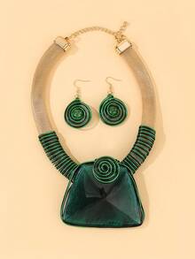 Exaggerated Multi-Layer Handmade Heavy Work Woven Beaded Resin Fashion Vintage Bright European American Bohemian Grant African Korean Middle Eastern Party Vacation Beach Square Necklace And Earrings Set - Green - View 5