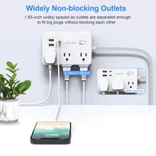 Pelindung Lonjakan Arus USB C, Stopkontak Ekstensi Dinding 6-Outlet dengan 4 Port Pengisian USB, Desain Steker Pipih Dua Sisi, Kabel Ekstensi Kepang, Cocok untuk Meja Kerja di Rumah atau Kantor - Putih - View 5