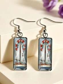 1 Pair Rectangular Ocean Style Pattern Sailboat Earrings Sailboat/Lighthouse/Anchor/Starfish Shell Summer Beach Vacation Earrings - Silver - View 19