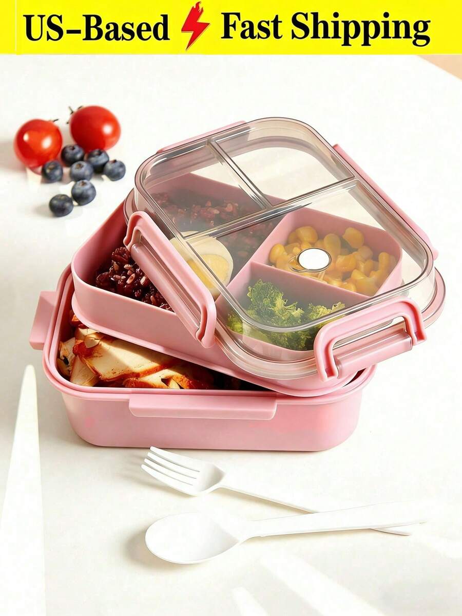 1pc 2 Layer Compartment Lunch Box School Lunch Box With Fork And Spoon,Food Containers For Women & Men, Students,Set Of Utensil , Bento Lunch Box - 彩色 - 查看 1