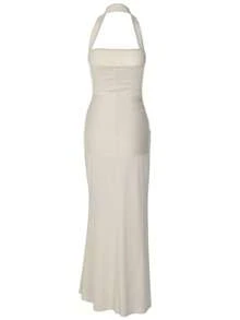 Daleeva Women Elegant Solid Halter Casual Summer Vacation Evening Going Out Party Long Dress - Apricot - View 4