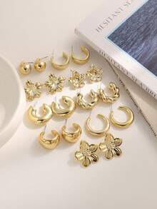 6 Pairs/3 Pairs/Set Fashion Floral & Geometric Combination Gold Metal Earrings Set, Exquisite Jewelry Designed For Women, Suitable For Daily Wear - Gold - View 5