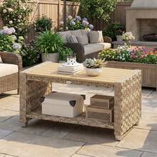Outsunny Outdoor Coffee Table With Storage Shelf, PE Rattan Side Table With Slatted Top And Foot Pads For Patio, Garden, Balcony, 90 X 50 X 45 Cm, Light Brown - Mocha Brown - View 8