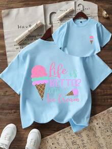 Tween Girl Casual Fun Print Crew Neck Pullover Short Sleeve T-Shirt Summer Top - Baby Blue - View 4