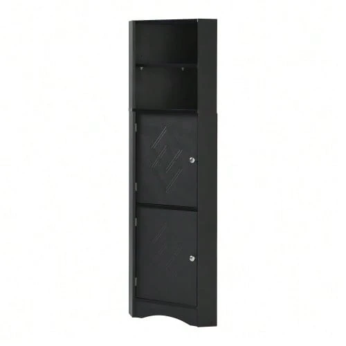 Bathroom Cabinet, Corner Unit With Two Storage Compartments, Open Compartment With Adjustable Shelf, 36.5 X 36.5 X 155 Cm - Black - View 1
