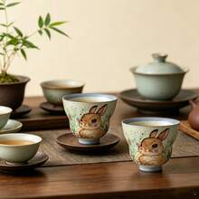 1pc Vintage Coarse Ceramic Hand-Painted Floral Rabbit Owner Cup, Tea Tasting Cup, Elegant Tea Set Small Cup - Multicolor - View 2