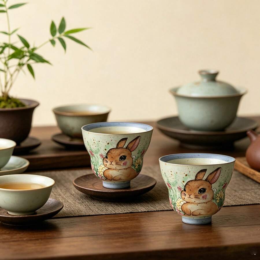 1pc Vintage Coarse Ceramic Hand-Painted Floral Rabbit Owner Cup, Tea Tasting Cup, Elegant Tea Set Small Cup