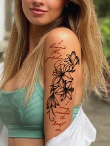 4pcs Sexy Floral Temporary Tattoo Stickers, Black Ink Fine Line Realistic Lily Flower Pattern, English Words, Suitable For Arms, Legs, Chest, Back, DIY, Daily Tattoo, Party, Holiday Gift, Body Art, Waterproof Realistic Body Temporary Tattoo Stickers - Black - View 5