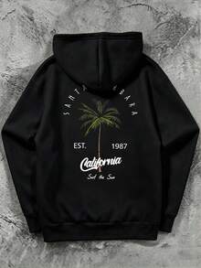 Men's Loose Fit Sweatshirt With Front Letter And Back Palm Tree Print, Black Drawstring Hooded Sweatshirt, Suitable For Autumn Weekend And Sports Style - Black - View 4