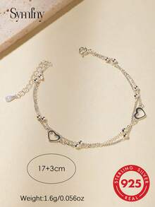 SYMFNY 1pc 925 Sterling Silver Minimalist Hollow Out Double-Layer Heart Link Bracelet Valentines - Silver - View 4