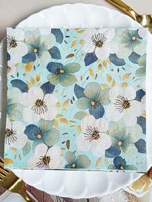 20/40pcs Light Mint Blue Watercolor Floral Print Disposable Paper Napkins, Suitable For Holiday Parties, Table Decor, Summer Beach Parties, Weddings, Birthday Parties And Table Atmosphere Arrangement - Multicolor - View 7