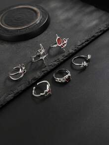 6piezas/Set Juego de Anillos Huecos con Strass de Moda para Hombres, Lujoso y Exquisito, Adecuado para Atuendos de Estilo Callejero de Lujo Ligero - Plateado - Ver 6