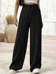 Women's Linen Palazzo Pants, Adjustable Waist With Drawstring, Side Pockets, Casual And Breathable For Vacations - Black - View 2