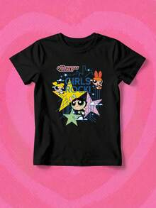 SHEIN X Powerpuff Girls 女款印花圓領上衣，舒適休閒風，適合日常穿著，黑色夏季款 - 黑色 - 查看 1