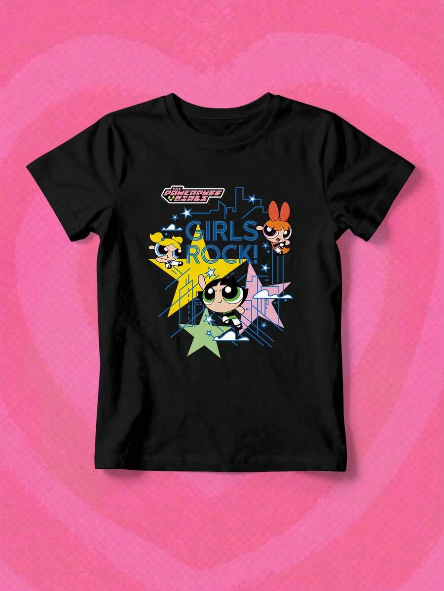 SHEIN X Powerpuff Girls 女款印花圓領上衣,舒適休閒風,適合日常穿著,黑色夏季款 - 黑色 - 查看 1