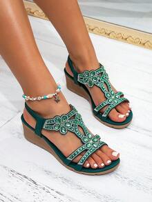 Women's Summer Vacation Style Sandals, Versatile Casual Bohemian Thick Sole Sandals, Beach Sandals Thick Sole Height-Increasing Sandals, Gentle Elegant Women's Sandals, Summer New Women's High Heel Sandals Breathable Comfortable Sandals Fashion Wedge Platform Sandals Simple Elegant Sandals, Women's Gladiator Sandals Bohemian Sandals Fashion Colorblock Sandals Women's Summer New Beach Essential Sandals - Green - View 4