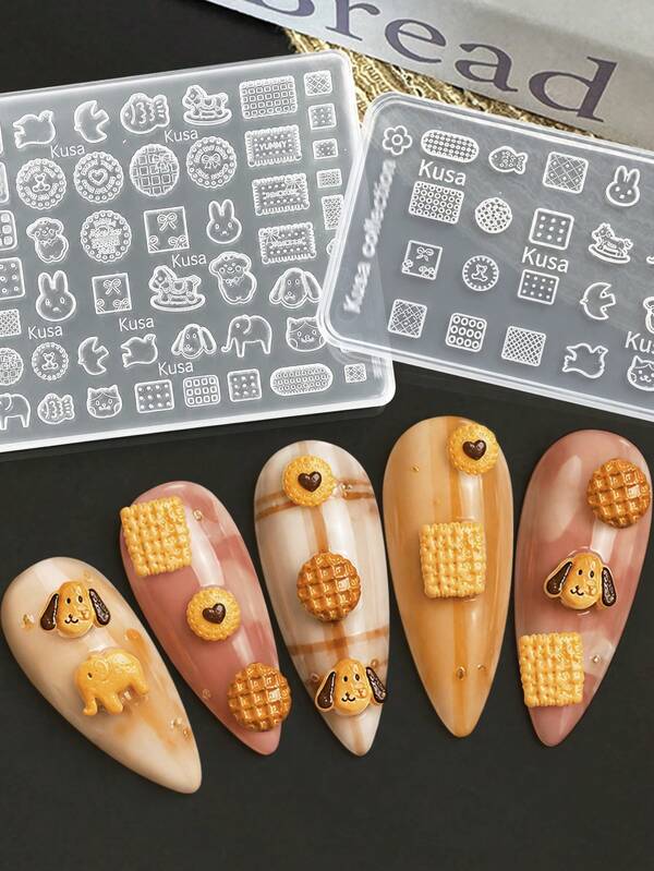 Beautizon Nailartlab Children's Cookie Animal Nail Art Silicone Mold, Includes Puppy, Rabbit, Elephant, Rocking Horse And Various Plaid Cookie Shapes, Delicate 3D Texture, Smooth Non-Stick Release. Easily Create 3D Embossed Nail Art Accessories, Craft Healing Cookie Style Nails, Suitable For Japanese Sweet Girl Style, Beginners Can Easily Make Soft And Cute Nail Decorations