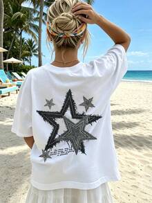 1pc Tween Girl Star Print Fringed Pullover Short Sleeve T-Shirt, Student Young Children's Summer Top - White - View 1