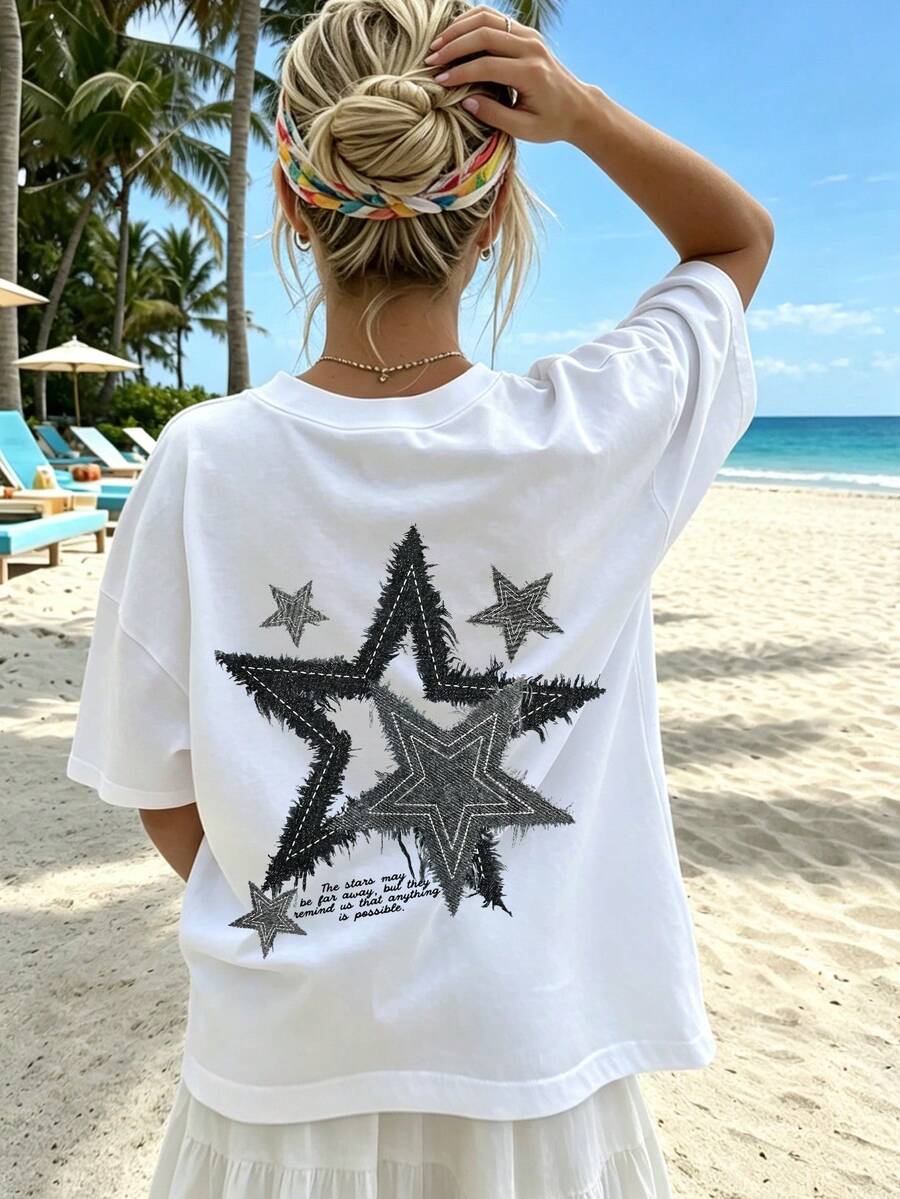 1pc Tween Girl Star Print Fringed Pullover Short Sleeve T-Shirt, Student Young Children's Summer Top - White - View 1