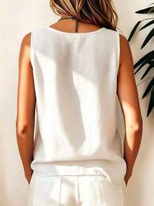 Autumn Back To School Vintage Linen Cardigan Thin Linen Vest Top Commute School Vacation - White - View 3
