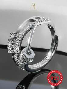 1pc Elegant Luxury Minimalist 925 Sterling Silver Synthetic Cubic Zirconia Geometric Movable Ball Open Ring, Women's Holiday, Banquet, Wedding, Party Gift - Silver - View 4
