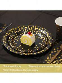 10/20/50pcs 9inch/7inch Black Dotted Paper Plates - Premium Disposable Tableware Suitable For Parties, Weddings And Fine Dining (Unbleached Pulp) - Gold Dot Black - View 6