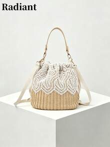 Lace Trim Straw Bucket Bag, Versatile Women's Crossbody Bag, Drawstring Closure, Vacation Style, Suitable For Commuting, Dating And Vacation - Multicolor - View 2