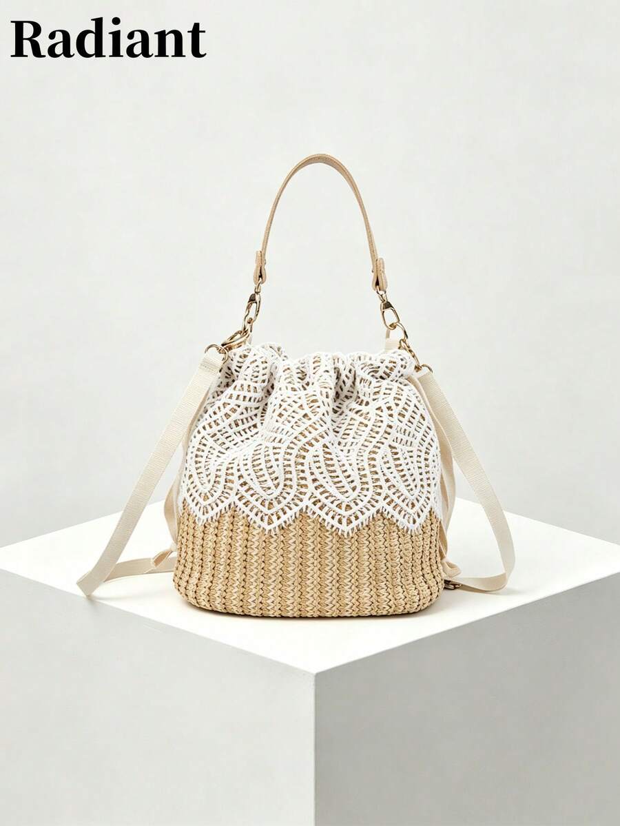 Lace Trim Straw Bucket Bag, Versatile Women's Crossbody Bag, Drawstring Closure, Vacation Style, Suitable For Commuting, Dating And Vacation