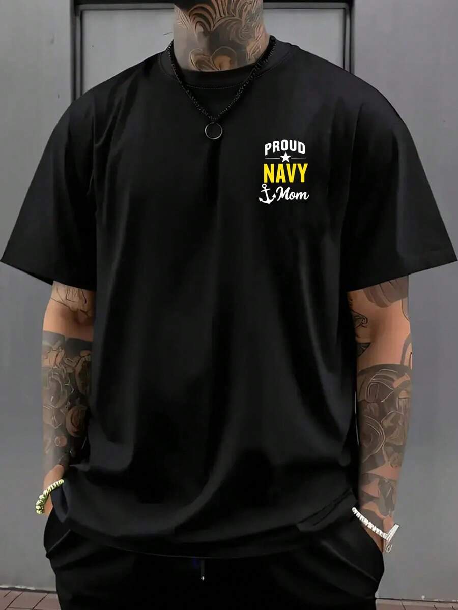 Camiseta de hombre con hombros caídos, Navy Mom, camiseta de hombre de corte holgado con estampado de doble cara, nueva ropa de hombre a la moda, una prenda esencial para hombre con diseño v - Negro - Ver 1