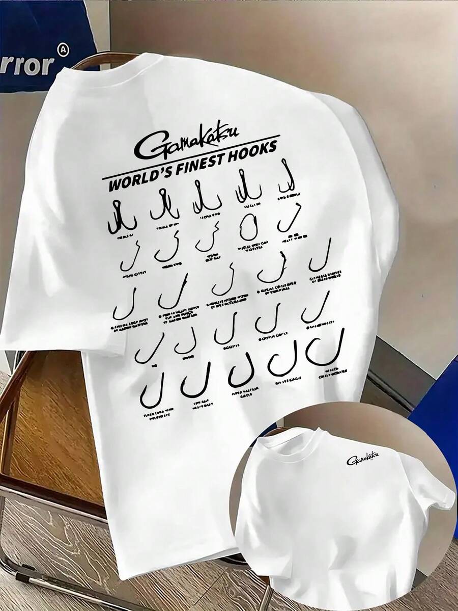 Men's Casual T-Shirt With Gamakatsu Fishing Hook Print, Fashionable Double-Sided Print, Lightweight And Stretchy, Regular Fit, Suitable For Casual Summer Wear, - 白色 - 查看 1