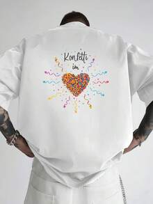Camiseta holgada para hombre con hombros caídos y un eslogan de lentejuelas en forma de corazón - camiseta de manga corta y cuello redondo de doble cara, buena elasticidad, estilo casual, ad - Blanco - Ver 1