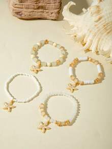 4pcs/Set Fashionable Beach Vacation Style Beaded Starfish Bracelet Set, Suitable For Women's Beach Party, Holiday Wear, Gift For Friends Jewelry - White - View 8