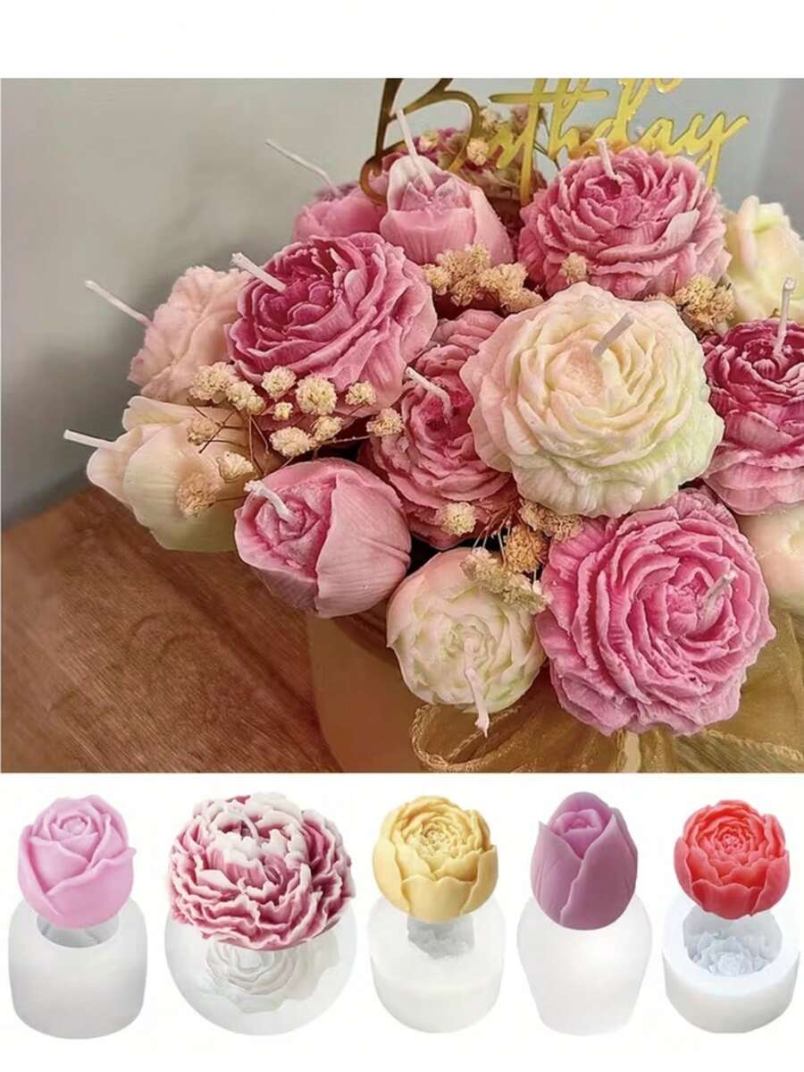 5pcs Bouquet Silicone Mold - Realistic Rose & Peony Flower Candle Mold, Suitable For Resin, Soap And Clay Crafts - DIY Wedding And Holiday Gift Making Materials - Reusable Non-Stick Home Decor Mold - White - View 1
